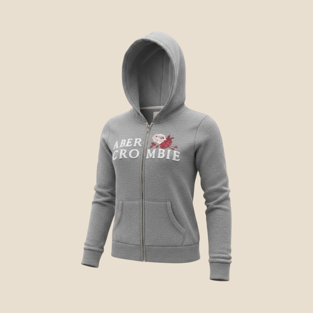 Abercrombie & Fitch Zip Hoodie Women's M Gray‎ Excellent Floral Logo Sweatshirt